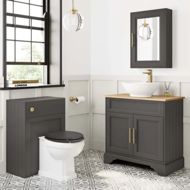 Lucia Graphite Grey Vanity with Oak Effect Top & Oval Counter Top Basin 840mm - Brass Knurled Handles
