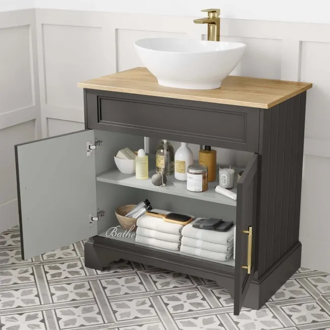 Lucia Graphite Grey Vanity with Oak Effect Top & Oval Counter Top Basin 840mm - Brass Knurled Handles
