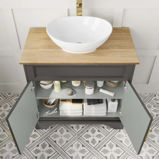 Lucia Graphite Grey Vanity with Oak Effect Top & Oval Counter Top Basin 840mm - Brass Knurled Handles