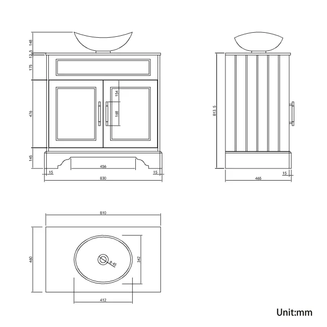 Lucia Graphite Grey Vanity with Marble Top & Oval Counter Top Basin 840mm - Brass Knurled Handles