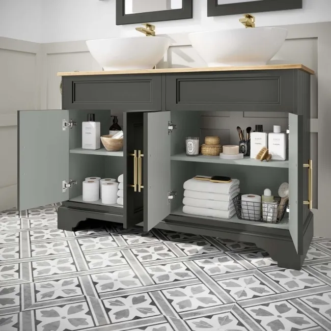 Lucia Graphite Grey Double Vanity with Oak Effect Top & Oval Counter Top Basin 1200mm - Brass Knurled Handles