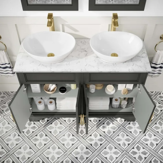 Lucia Graphite Grey Double Vanity with Marble Top & Oval Counter Top Basin 1200mm - Brass Knurled Handles