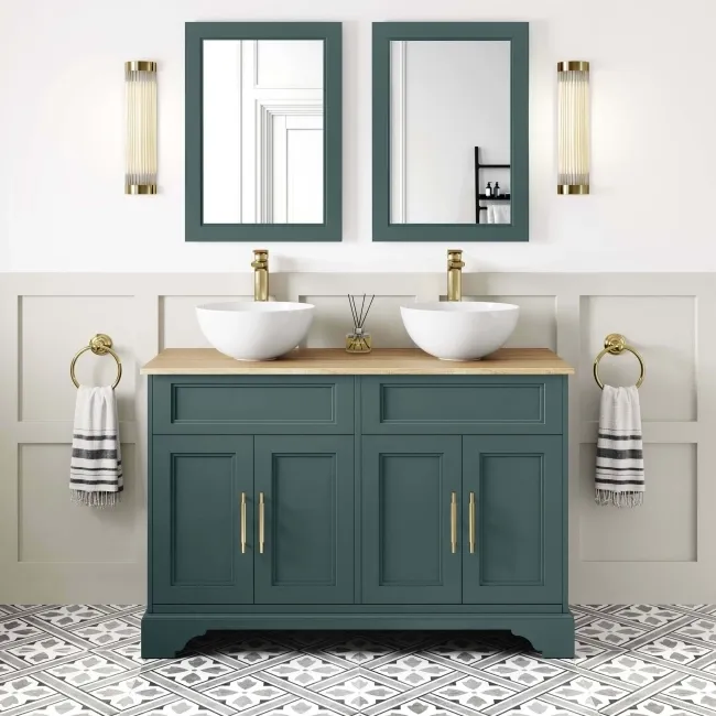 Lucia Midnight Green Double Vanity with Oak Effect Top & Round Counter Top Basin 1200mm - Brass Knurled Handles