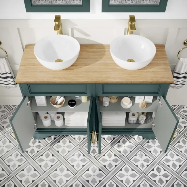 Lucia Midnight Green Double Vanity with Oak Effect Top & Round Counter Top Basin 1200mm - Brass Knurled Handles