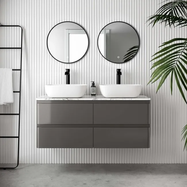 Corsica Tungsten Grey Wall Hung Drawer Vanity with Marble Top & Curved Counter Top Basin 1200mm