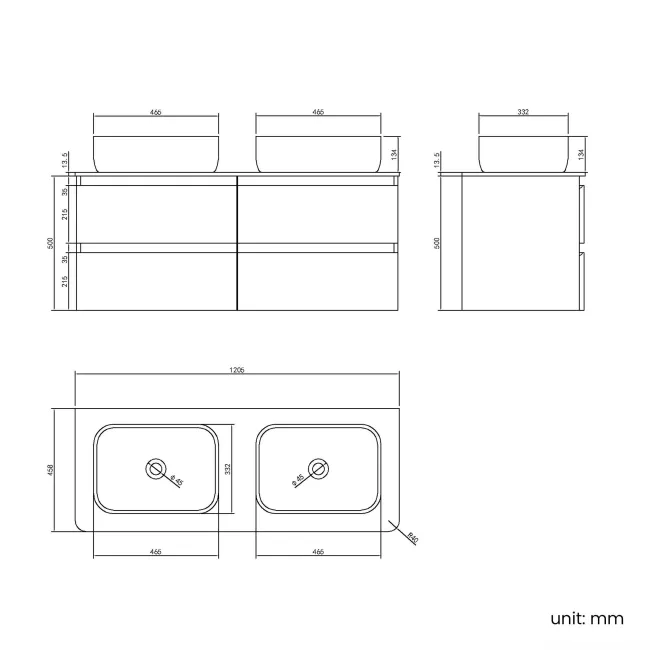 Corsica Tungsten Grey Wall Hung Drawer Vanity with Marble Top & Curved Counter Top Basin 1200mm