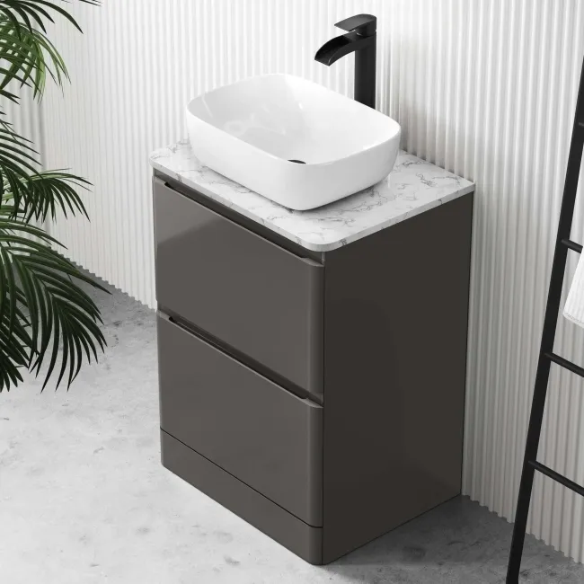 Corsica Tungsten Grey Vanity Drawer with Marble Top & Curved Counter Top Basin 600mm