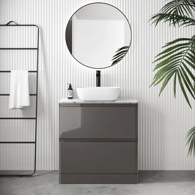 Corsica Tungsten Grey Vanity Drawer with Marble Top & Curved Counter Top Basin 800mm