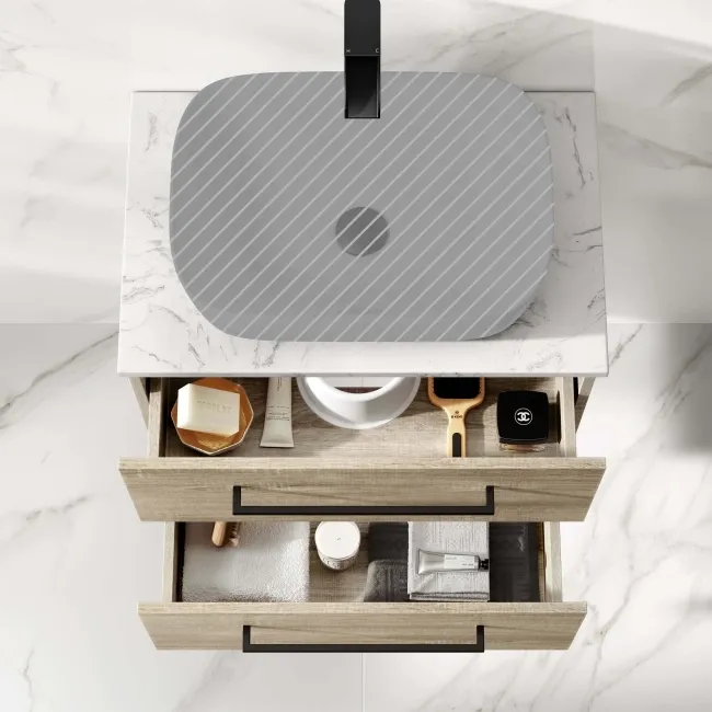 Elba Dawn Oak Wall Hung Drawer 600mm Excludes Counter Top Basin - Black Accents