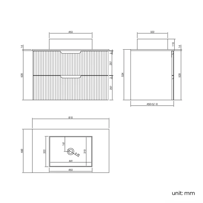 Crete Fluted Apex Oak Wall Hung Drawer Vanity with Marble Top & Cody Basin 800mm