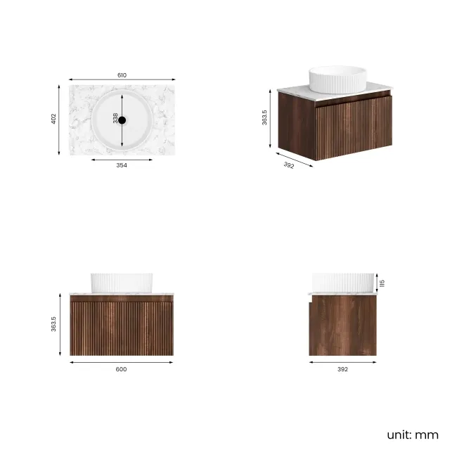 Malta Fluted Black Walnut Wall Hung Drawer Vanity with Marble Top & Nevis Basin 600mm