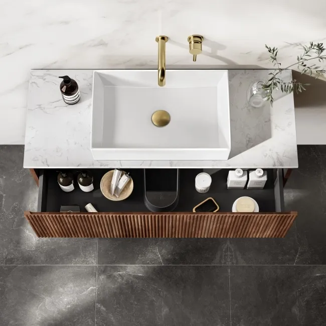 Malta Fluted Black Walnut Wall Hung Drawer Vanity with Marble Top & Cody Basin 1000mm