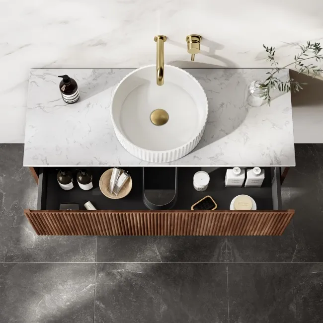 Malta Fluted Black Walnut Wall Hung Drawer Vanity with Marble Top & Nevis Basin 1000mm