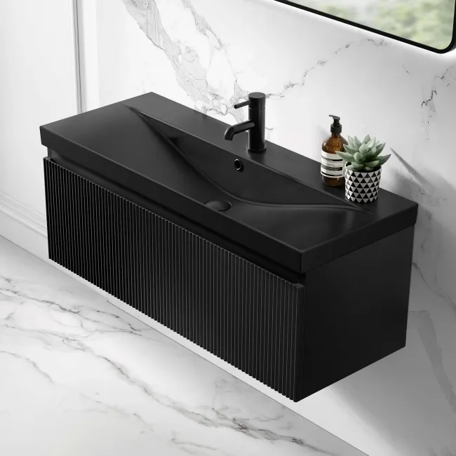 Malta Fluted Matt Black Wall Hung Drawer Vanity with Matt Black Basin 1000mm