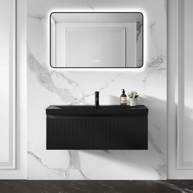 Malta Fluted Matt Black Wall Hung Drawer Vanity with Matt Black Basin 1000mm