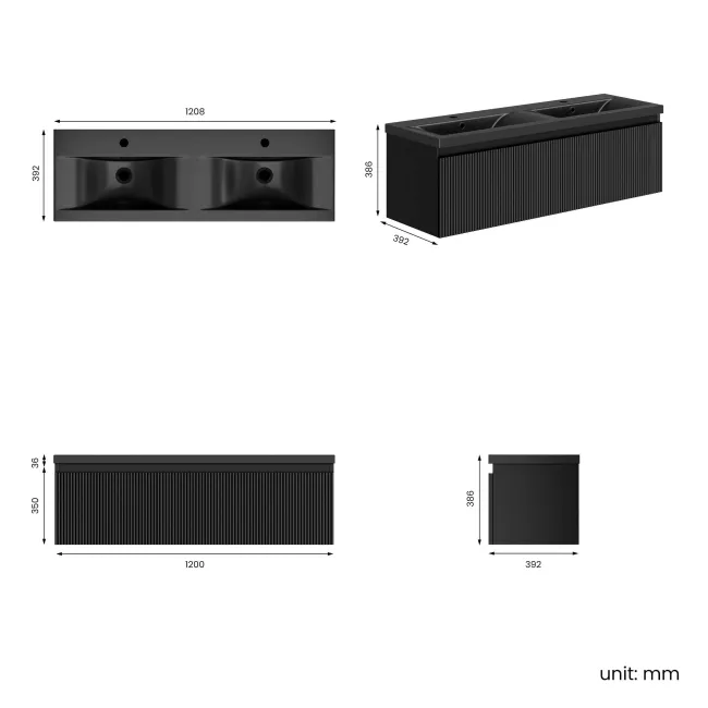 Malta Fluted Matt Black Wall Hung Drawer Vanity with Matt Black Double Basin 1200mm