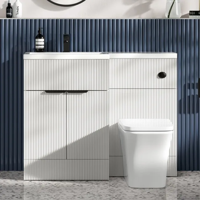 Havana Fluted Coastal White Combination Vanity Basin and Houston Toilet 1100mm - Black Accents - Left Handed