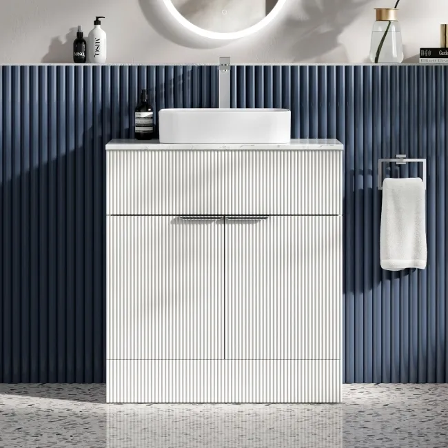 Havana Fluted Coastal White Cabinet with Marble Top & Marin Basin 800mm - Chrome Handles