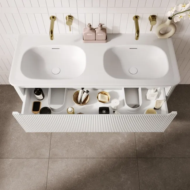 Sorrento Fluted Coastal White Wall Hung Drawer Vanity with Matt White Double Basin 1200mm