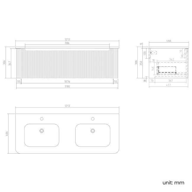 Sorrento Fluted Country Oak Wall Hung Double Basin Drawer Vanity 1200mm