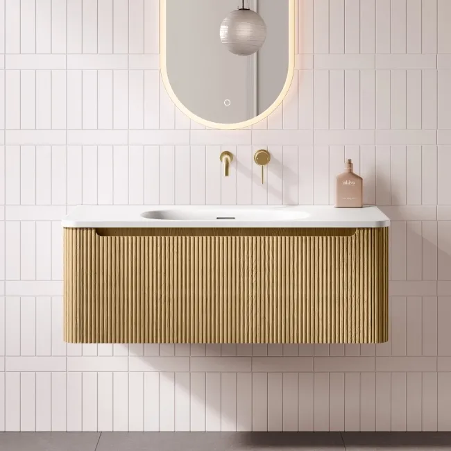 Sorrento Fluted Country Oak Wall Hung Drawer Vanity with Matt White Basin 1000mm