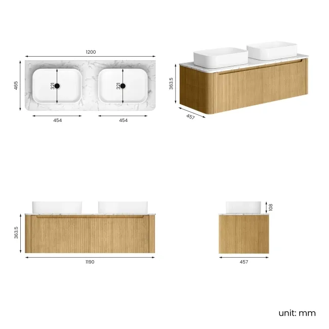 Sorrento Fluted Country Oak Double Wall Hung Drawer Vanity with Marble Top & Marin Basin 1200mm