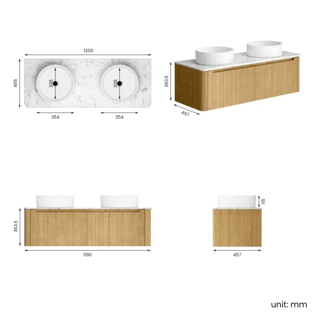 Sorrento Fluted Country Oak Double Wall Hung Drawer Vanity with Marble Top & Nevis Basin 1200mm