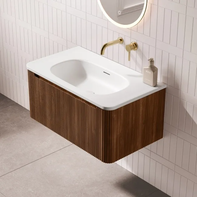 Sorrento Fluted Black Walnut Wall Hung Drawer Vanity with Matt White Basin 800mm