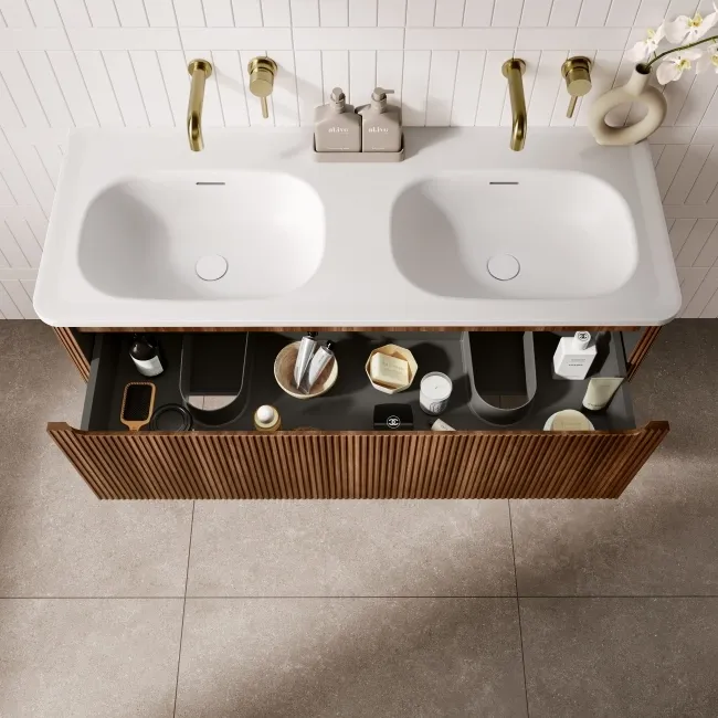 Sorrento Fluted Black Walnut Wall Hung Drawer Vanity with Matt White Double Basin 1200mm