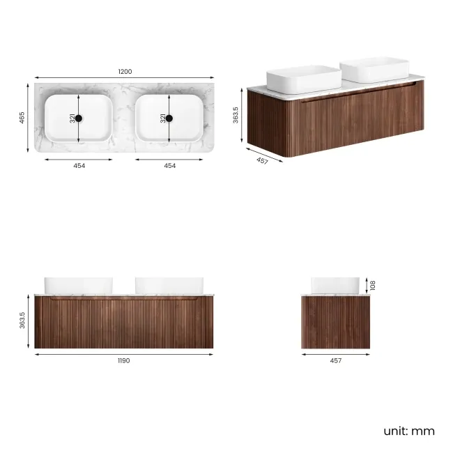 Sorrento Fluted Black Walnut Double Wall Hung Drawer Vanity with Marble Top & Marin Basin 1200mm