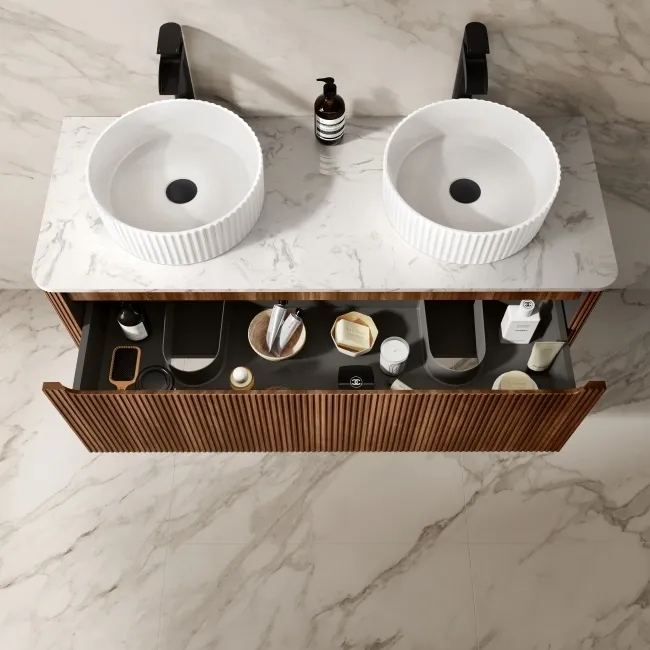 Sorrento Fluted Black Walnut Double Wall Hung Drawer Vanity with Marble Top & Nevis Basin 1200mm