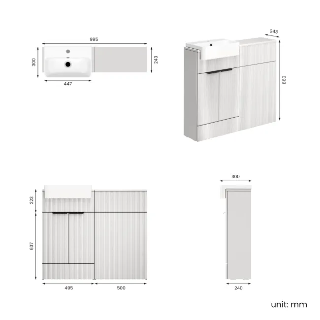 Sicily Fluted Coastal White Vanity and Back To Wall Toilet Unit 1000mm (Excludes Toilet) - Black Accents