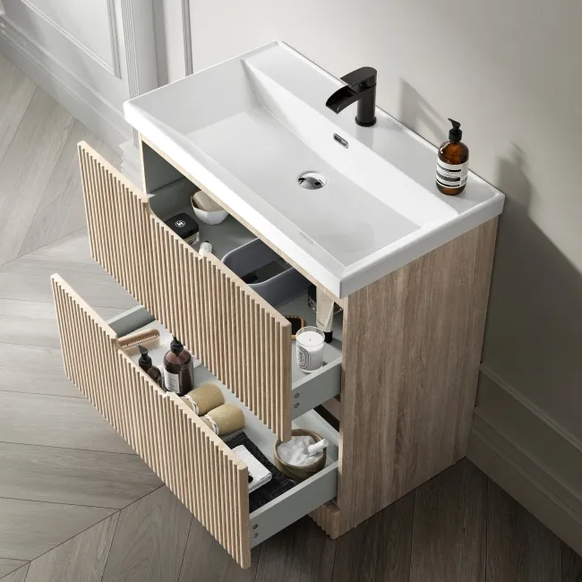 Crete Fluted Apex Oak Basin Vanity Drawer 800mm