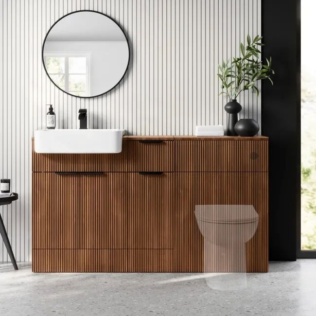 Sicily Fluted Black Walnut Combination Vanity Basin 1500mm (Excludes Toilet) - Black Accents