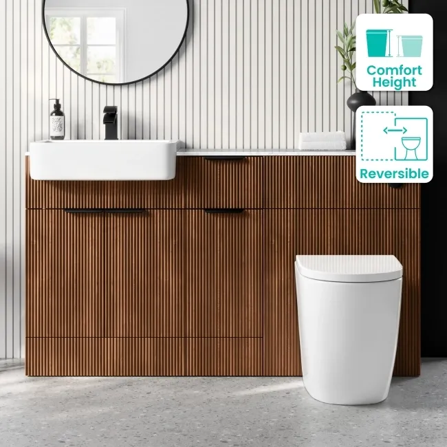 Sicily Fluted Black Walnut Combination Vanity Basin with Marble Top & Utah Comfort Height Toilet 1500mm - Black Accents