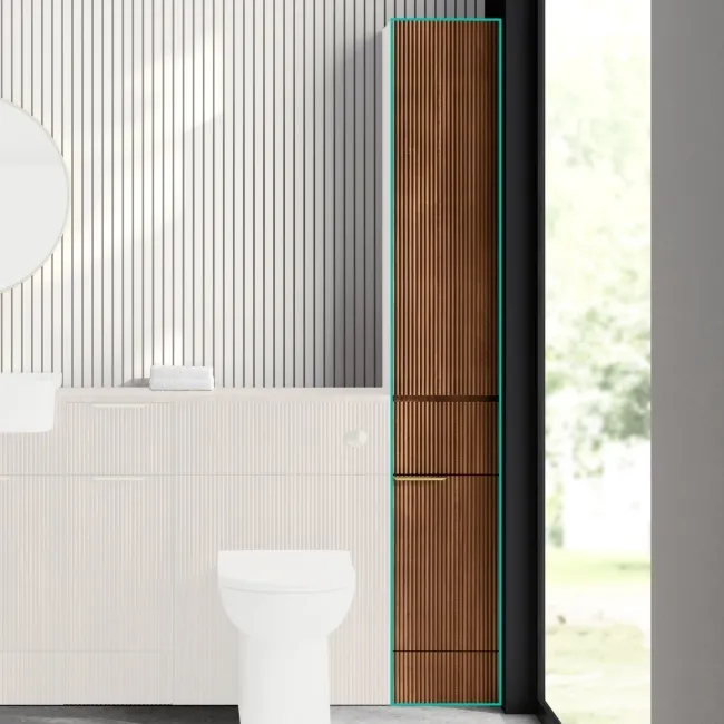 Sicily Fluted Black Walnut Floor Standing Tall Cabinet Unit 1900x300mm - Brushed Brass Accents