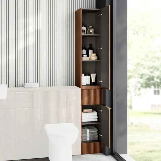 Sicily Fluted Black Walnut Floor Standing Tall Cabinet Unit 1900x300mm - Brushed Brass Accents