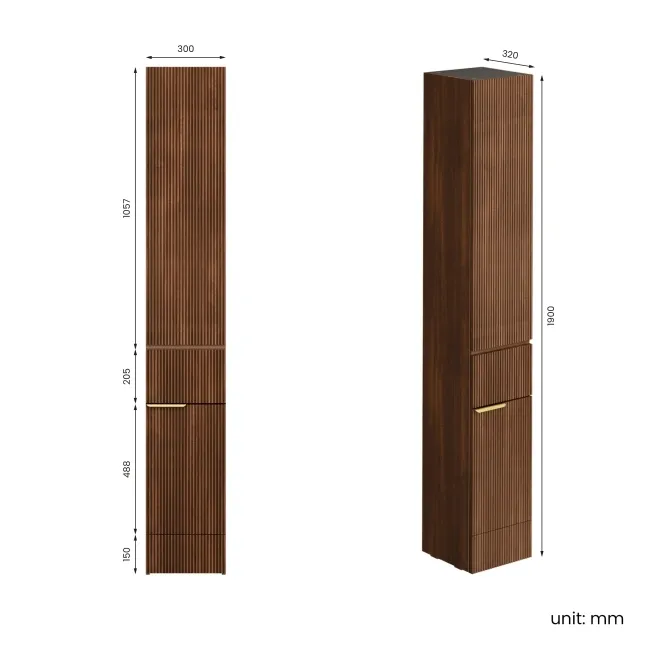Sicily Fluted Black Walnut Floor Standing Tall Cabinet Unit 1900x300mm - Brushed Brass Accents