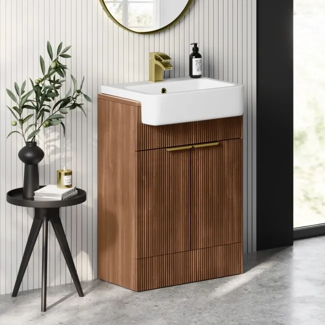 Sicily Fluted Black Walnut Vanity with Semi Recessed Basin 600mm - Brushed Brass Accents