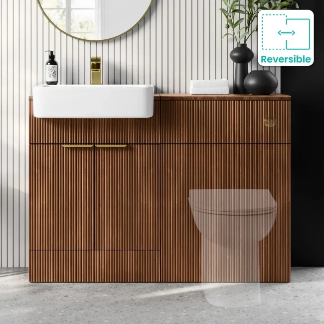 Sicily Fluted Black Walnut Basin Vanity and Back To Wall Toilet Unit 1200mm (Excludes Toilet) - Brushed Brass Accents