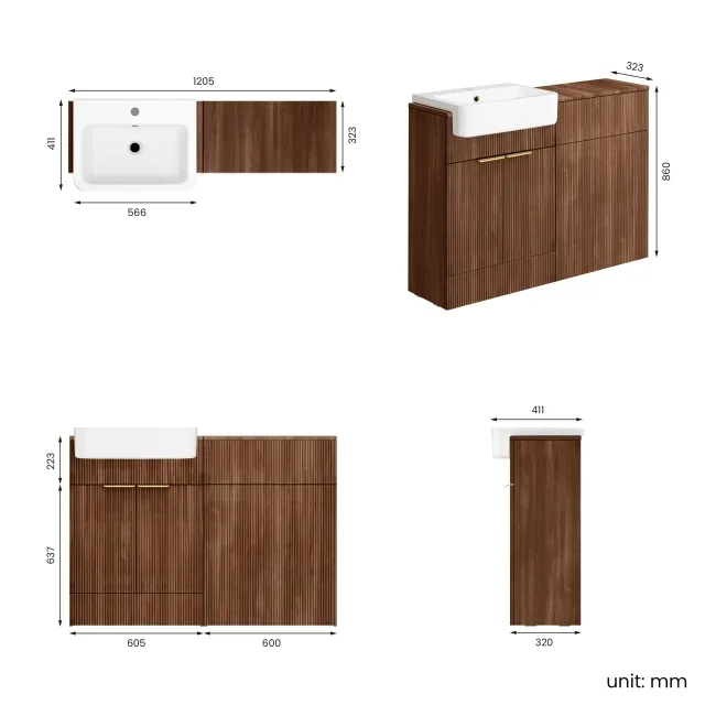 Sicily Fluted Black Walnut Basin Vanity and Back To Wall Toilet Unit 1200mm (Excludes Toilet) - Brushed Brass Accents
