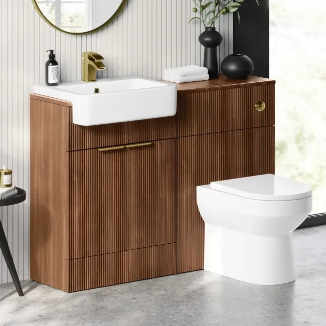 Sicily Fluted Black Walnut Combination Vanity Basin and Miami Toilet 1200mm - Brushed Brass Accents