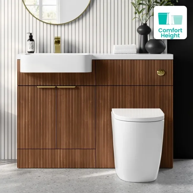 Sicily Fluted Black Walnut Combination Vanity Basin and Utah Comfort Height Toilet 1200mm - Brushed Brass Accents - Left Handed