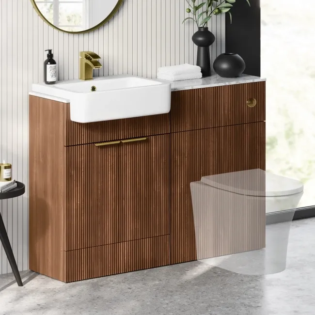 Sicily Fluted Black Walnut Vanity with Marble Top & Back To Wall Unit 1200mm (Excludes Toilet) - Brushed Brass Accents