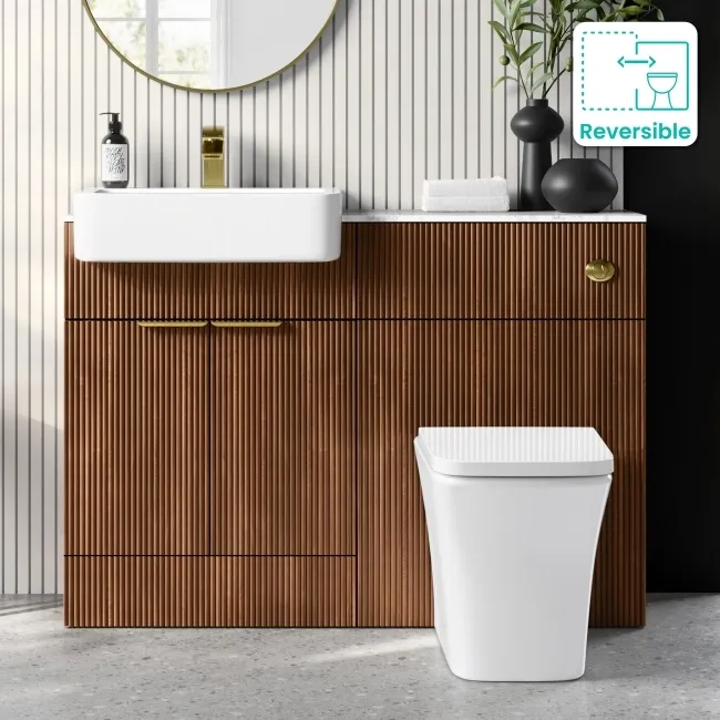 Sicily Fluted Black Walnut Combination Vanity Basin with Marble Top & Houston Toilet 1200mm - Brushed Brass Accents