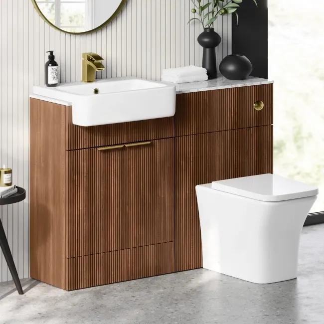 Sicily Fluted Black Walnut Combination Vanity Basin with Marble Top & Houston Toilet 1200mm - Brushed Brass Accents