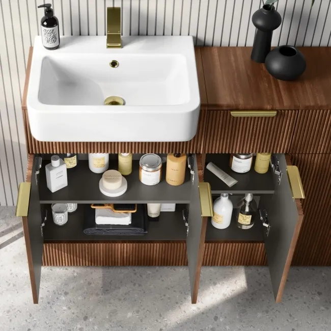 Sicily Fluted Black Walnut Combination Vanity Basin and Miami Toilet 1500mm - Brushed Brass Accents