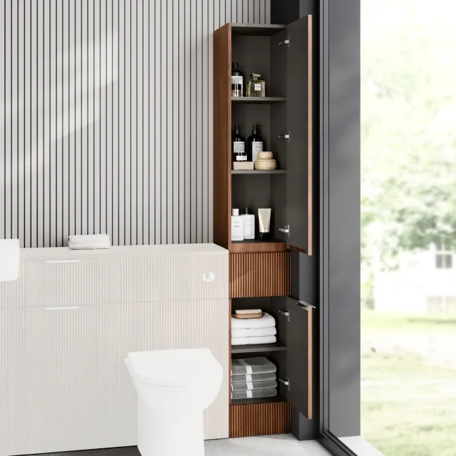 Sicily Fluted Black Walnut Floor Standing Tall Cabinet Unit 1900x300mm - Chrome Handles