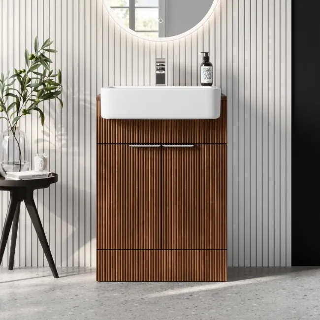 Sicily Fluted Black Walnut Vanity with Semi Recessed Basin 600mm - Chrome Handles