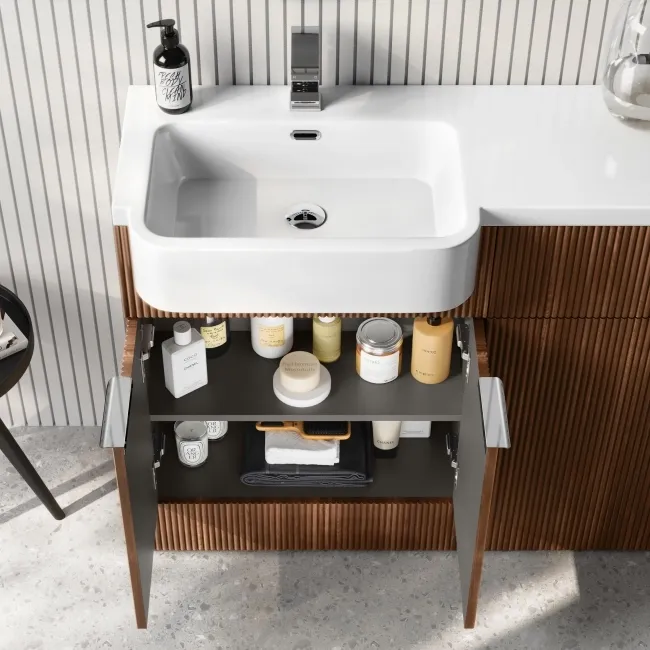 Sicily Fluted Black Walnut Combination Vanity Basin and Utah Comfort Height Toilet 1200mm - Chrome Handles - Left Handed